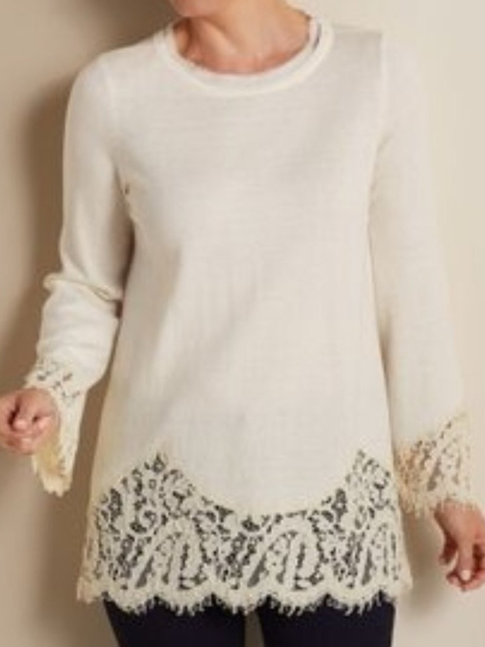Soft Surroundings Isabeau Tunic Sweater Lace Trim Hem and Cuffs Cream Medium